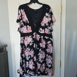 Torrid Black Midi Dress with Pink Floral Pattern
